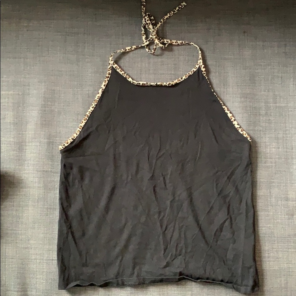American Eagle Black & Cheetah Halter Crop Top